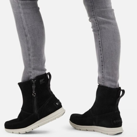 Sorel Shoes - Sorel Explorer Side Zip Suede Black Boots Waterproof Faux Fur Lined Size 7 Women